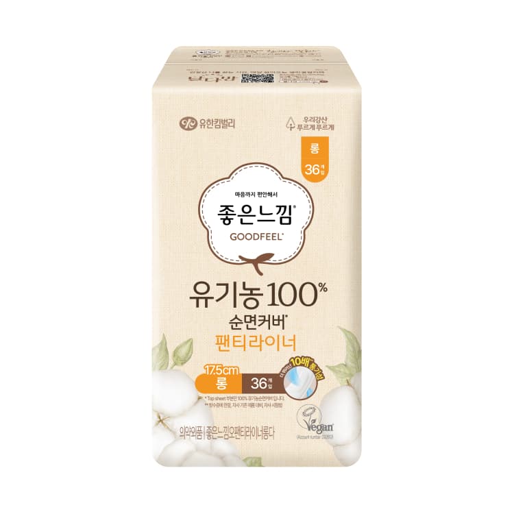 유한킴벌리 좋은느낌 유기농 순면커버 팬티라이너 롱, 36개입, 5팩