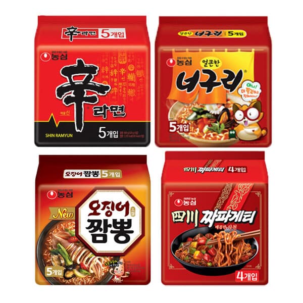 농심 신라면 5봉 + 너구리 5봉 + 사천짜파게티 4봉 + 오징어짬뽕 5봉 (총 19봉)
