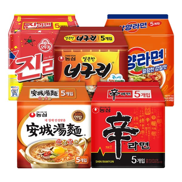봉지라면 5종 세트 농심 안성탕면+신라면+얼큰한 너구리+진라면매운맛+삼양라면